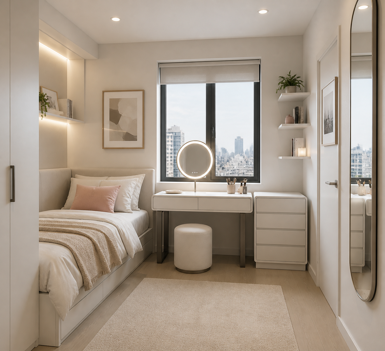 Modern bedroom with bed, desk, and city view window - That Couch Place
