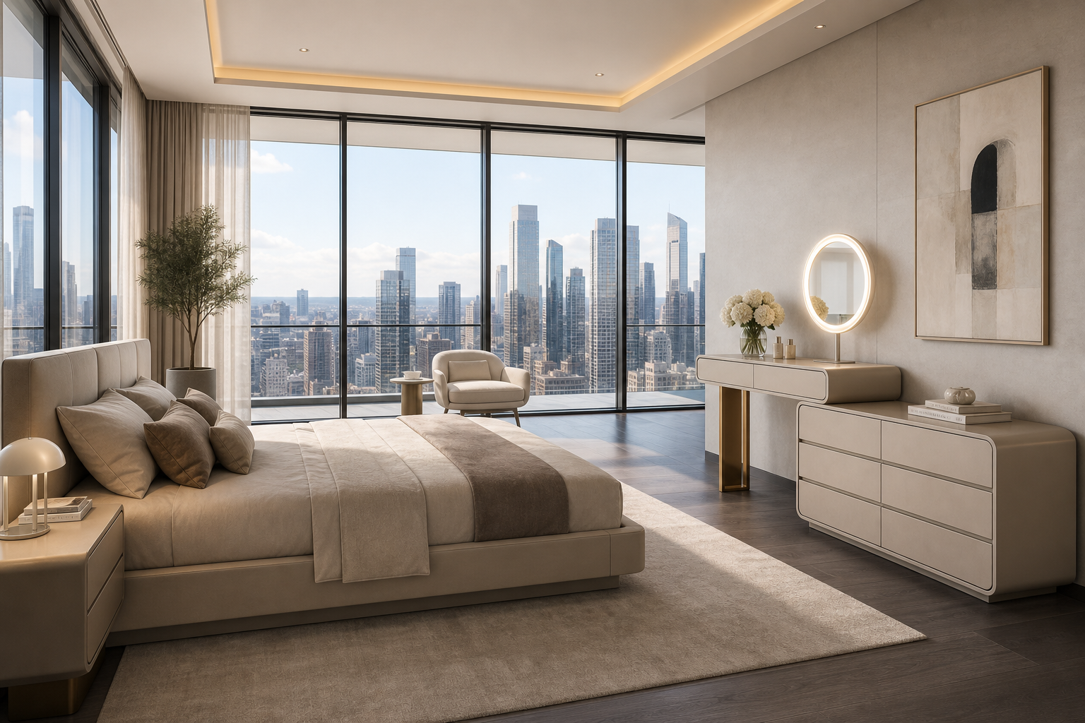 Modern bedroom with city skyline view, large windows, and stylish decor. That Couch Place