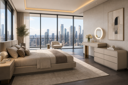 Modern bedroom with city skyline view, large windows, and stylish decor. That Couch Place