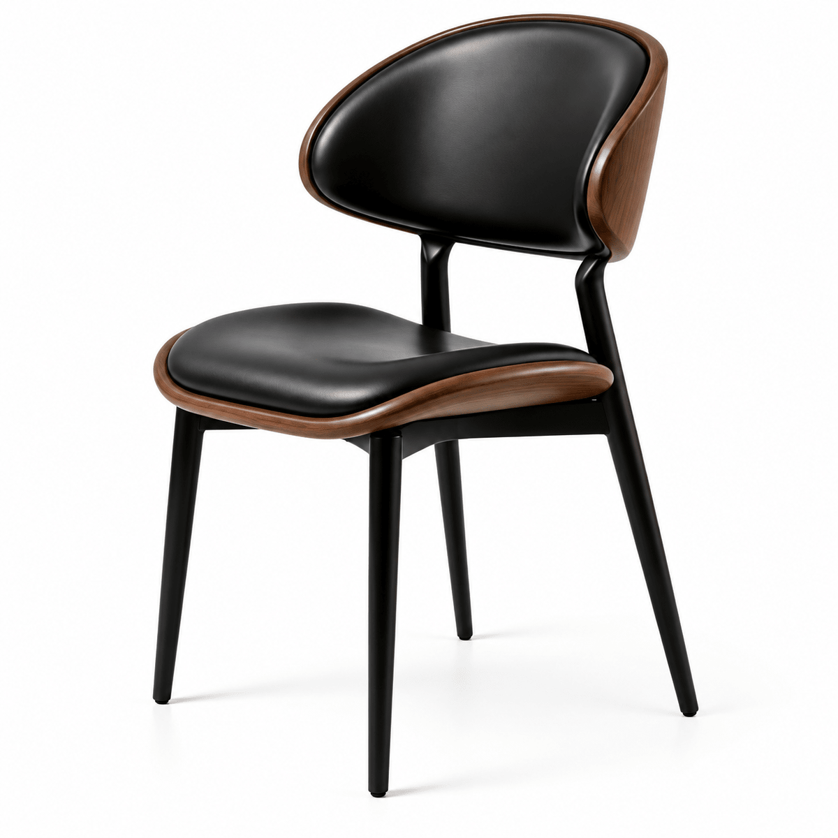 A modern dining chair with a black upholstered seat and curved backrest, accented by warm brown wood trim along the sides, set against a plain white background.