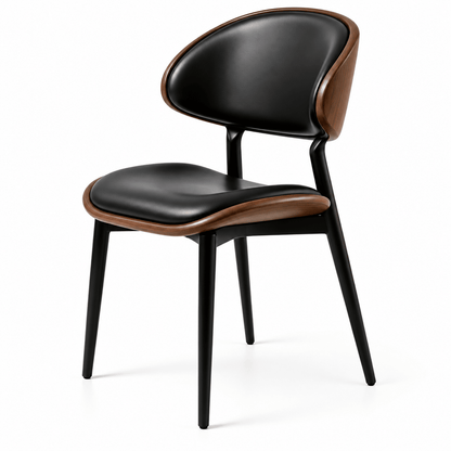 A modern dining chair with a black upholstered seat and curved backrest, accented by warm brown wood trim along the sides, set against a plain white background.