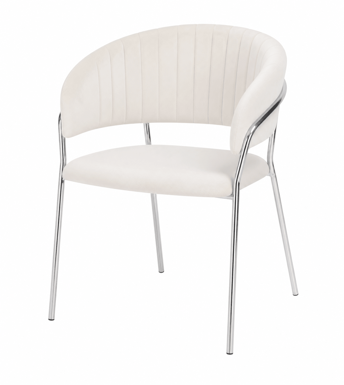 A modern dining chair with cream-colored upholstered seat and curved backrest, supported by slim chrome metal legs, shown against a plain white background.