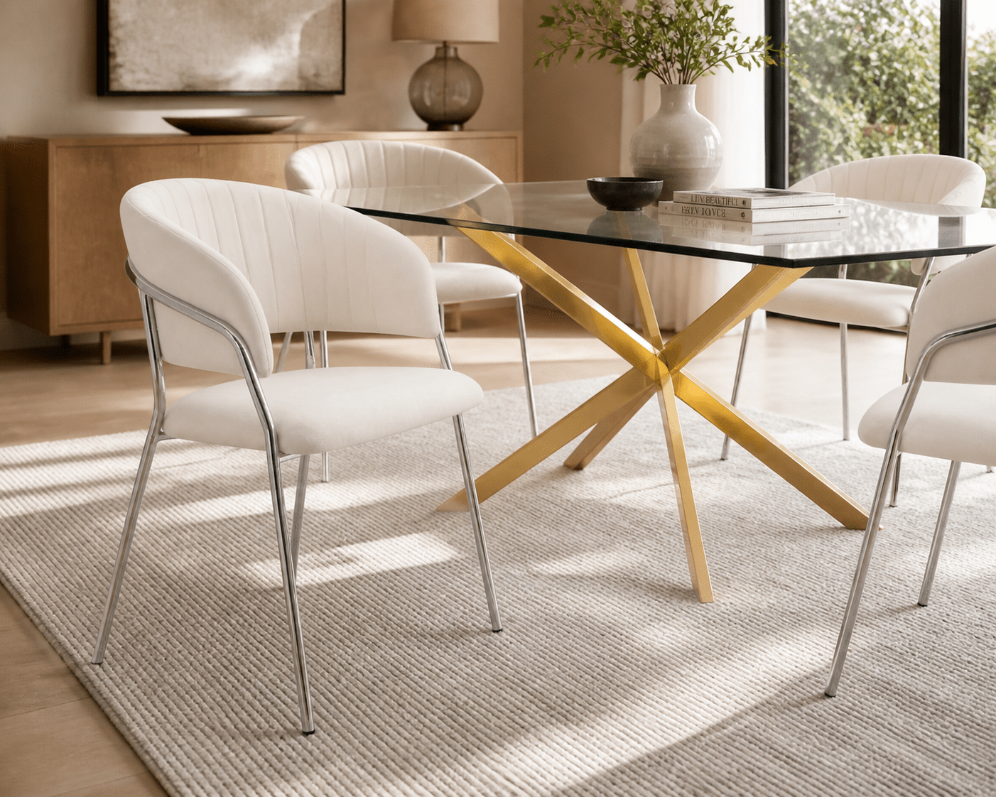 A modern dining room scene featuring a glass-top table with a yellow wooden X-shaped base, surrounded by white upholstered chairs with chrome legs, set on a light rug in a bright interior.