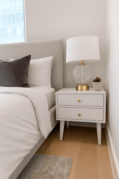 Neatly arranged bedroom with a bed and nightstand featuring a lamp and plant. That Couch Place