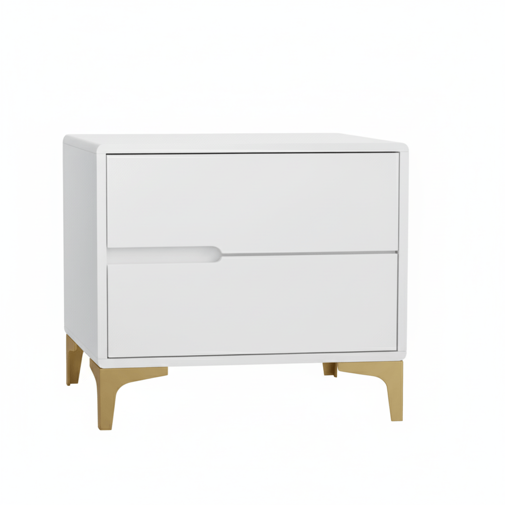 White nightstand with two drawers on a white background That Couch Place