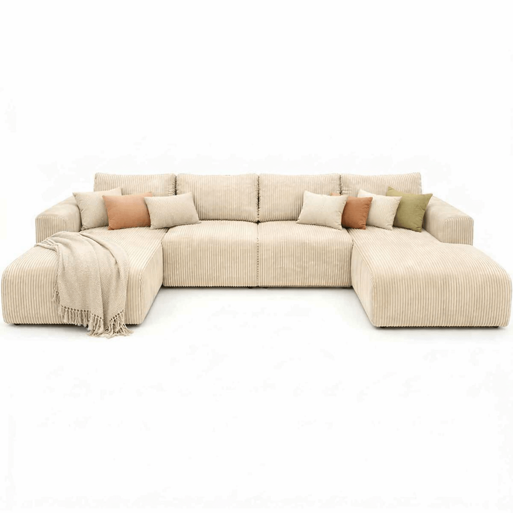 Beige su shape corduroy ectional sofa with cushions on a white background