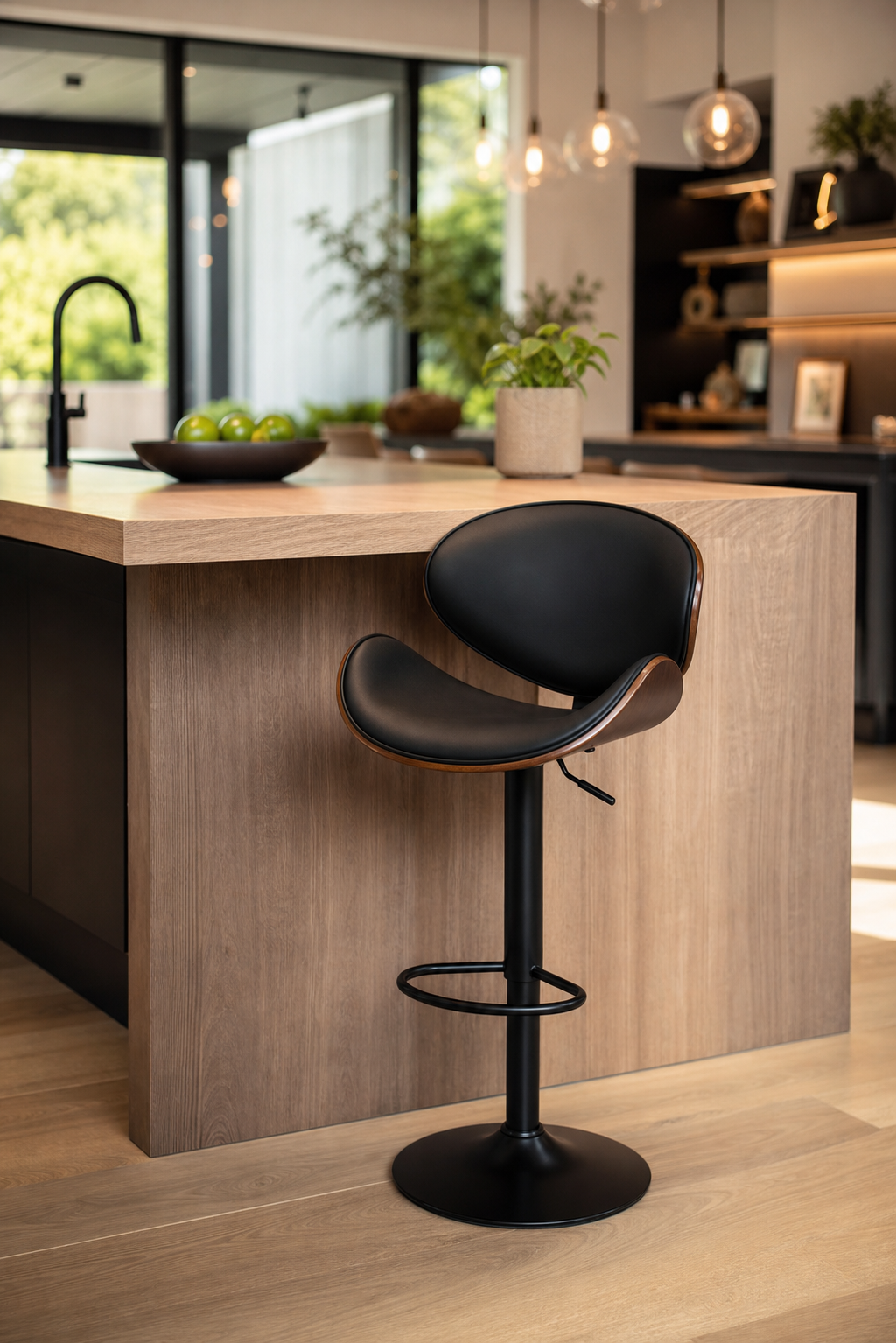 A modern kitchen island with a black swivel bar stool in the foreground, set in a bright contemporary kitchen with wood countertops and warm pendant lights.