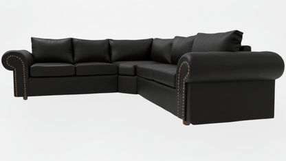 Corner Black leather sectional sofa on a white background That Couch Place