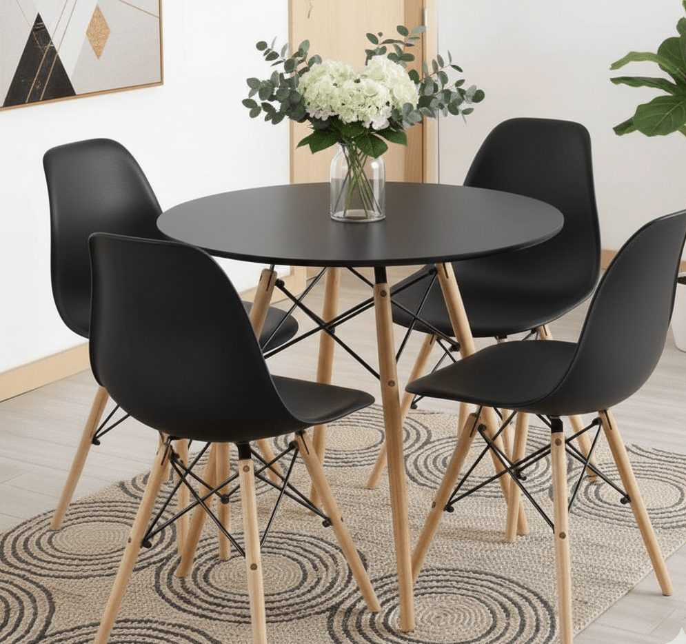 Dining set with 4 black chairs and a round table on a patterned rug inside a modern apartment in Gauteng.
