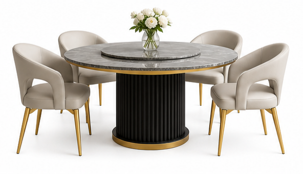 A modern round dining table with a gray marble top and black fluted pedestal base, surrounded by four upholstered chairs with beige seats and gold legs, set on a white background with a vase of white flowers on top.
