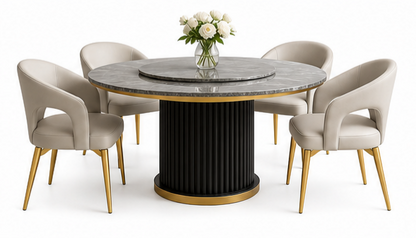 A modern round dining table with a gray marble top and black fluted pedestal base, surrounded by four upholstered chairs with beige seats and gold legs, set on a white background with a vase of white flowers on top.