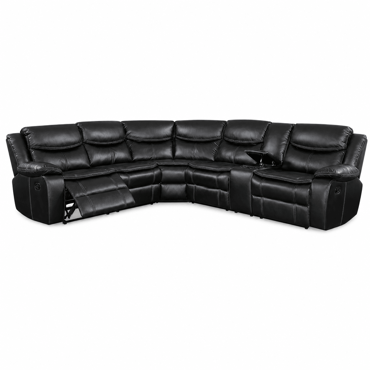 Black leather sectional sofa with 3 action recliners, featuring a curved U-shape design, a center console table, and one extended footrest on a white background.