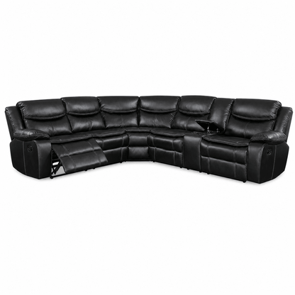 Black leather sectional sofa with 3 action recliners, featuring a curved U-shape design, a center console table, and one extended footrest on a white background.