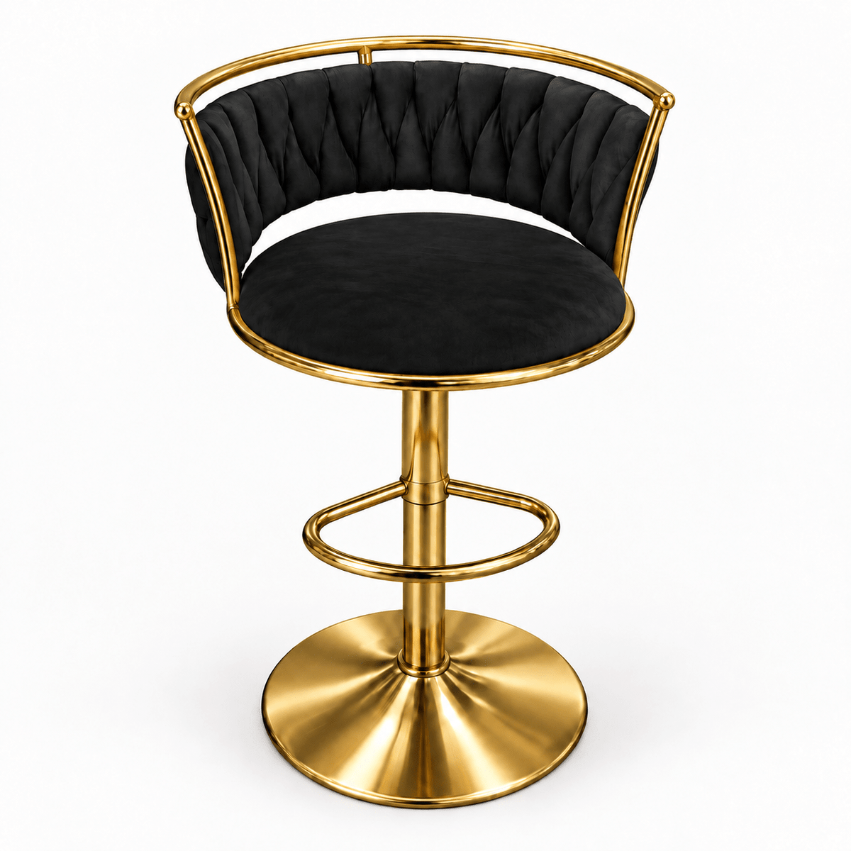 A modern swivel bar stool with a black tufted velvet seat and backrest, supported by a polished gold-finished metal frame with a circular footrest and round pedestal base, shown on a plain white background.