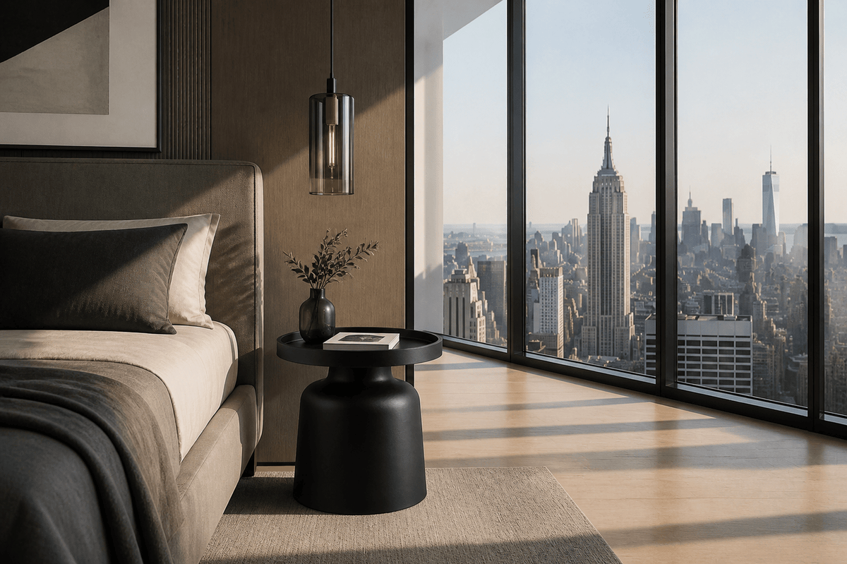 A modern bedroom interior with a bed, black side table, pendant light, and large floor-to-ceiling windows overlooking a city skyline. No person or animal is present, but this is still not a clean isolated product shot because it shows the product in a real interior environment, so subject_type is Lifestyle.