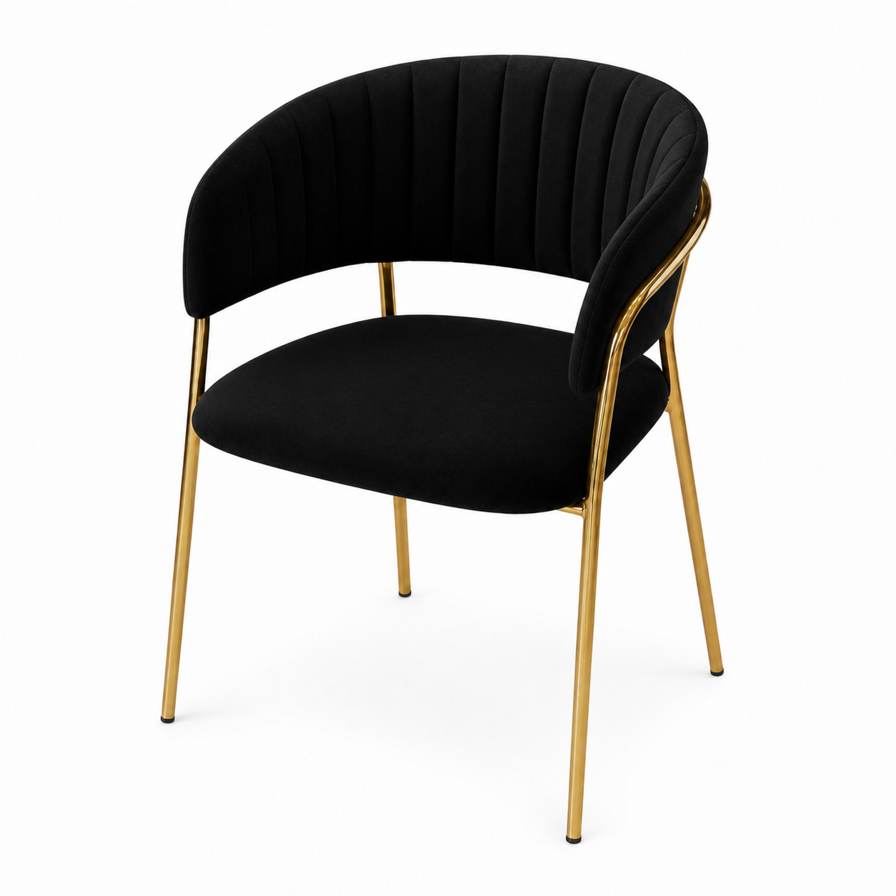 A modern accent chair featuring a black velvet upholstered seat and curved backrest with vertical channel tufting, supported by a polished gold-finished metal frame on a white background.
