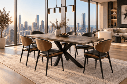 A modern dining table set in a luxury high-rise apartment with a city skyline view. The set includes a rustic rectangular wood dining table with black metal X-leg base and six matching chairs with brown wood backs and black leather seats.