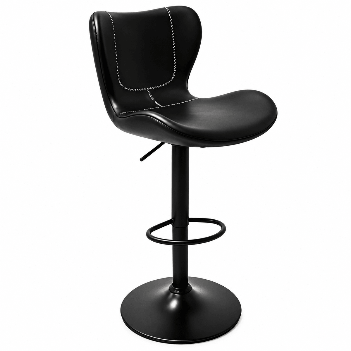 A modern black faux-leather swivel barstool with white contrast stitching on the curved backrest and seat, featuring a gas lift mechanism, circular footrest, and a round base on a white background.