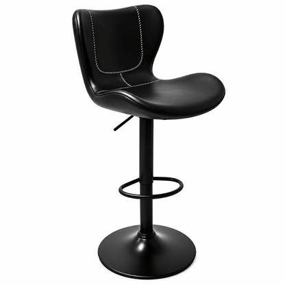 A modern black faux-leather swivel barstool with white contrast stitching on the curved backrest and seat, featuring a gas lift mechanism, circular footrest, and a round base on a white background.
