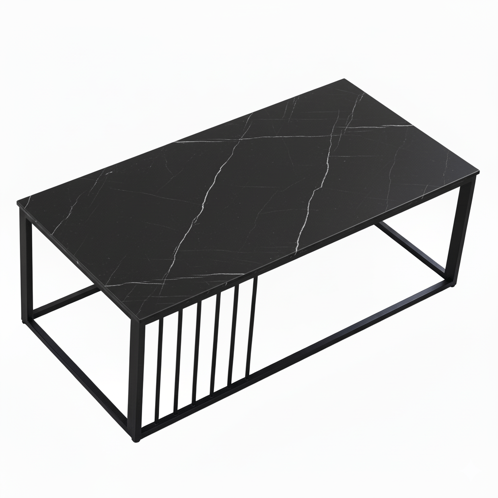 Black marble coffee table with metal frame on a white background. That Couch place