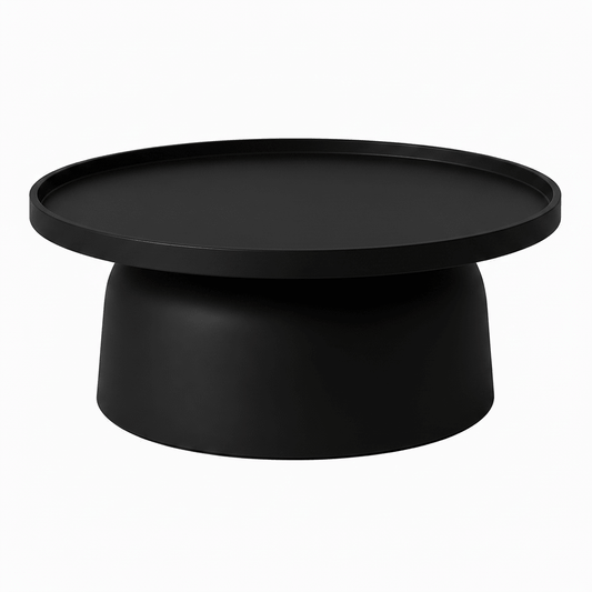 A modern black round coffee table with a wide top and a tapered cylindrical base, shown on a plain white background.