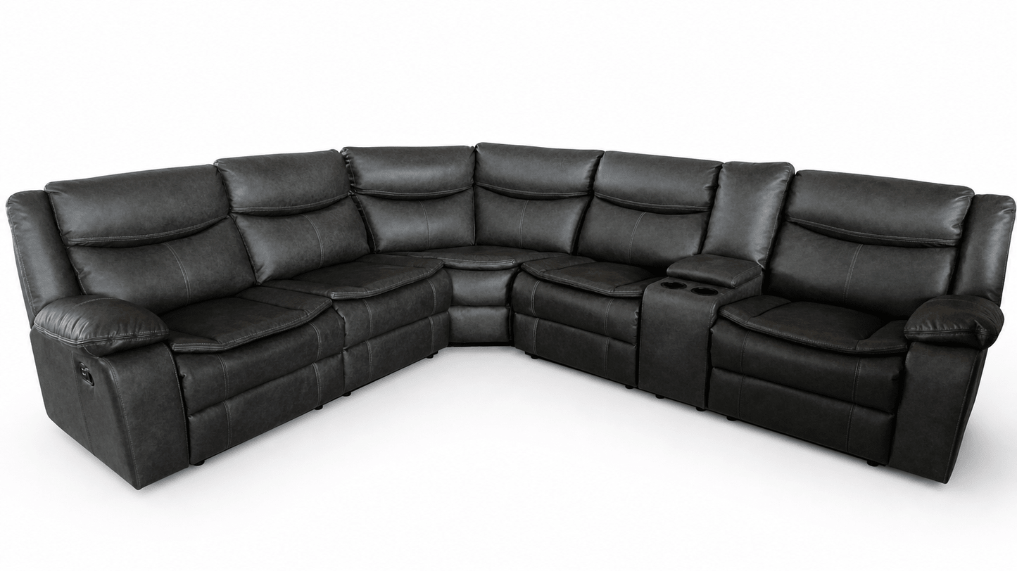 Black leather sectional sofa on a white background