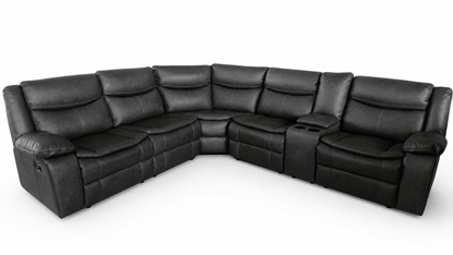 Black leather sectional sofa on a white background