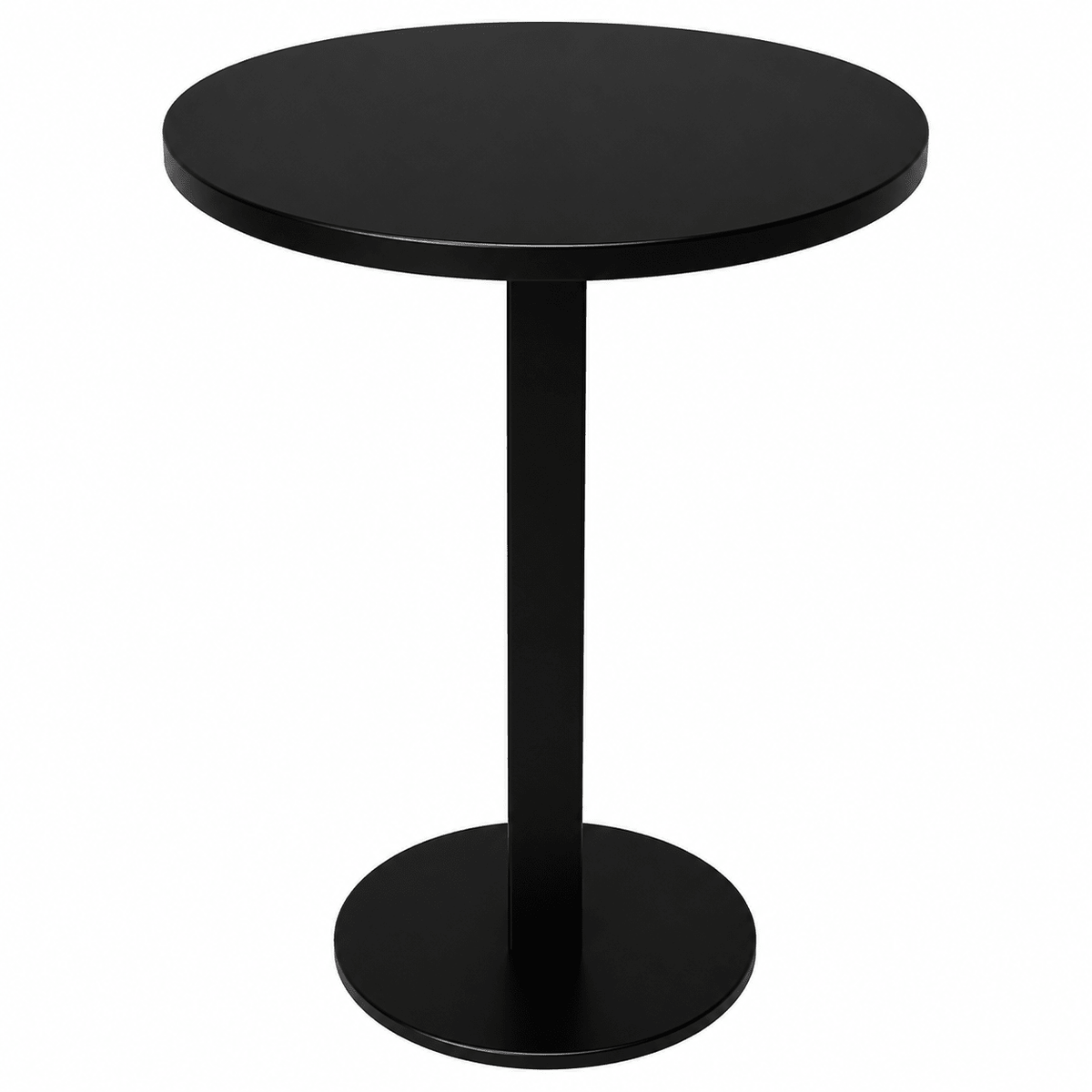 A minimalist black round bar table with a single central pedestal base and a circular footrest, shown against a plain white background.