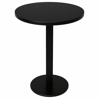 A minimalist black round bar table with a single central pedestal base and a circular footrest, shown against a plain white background.