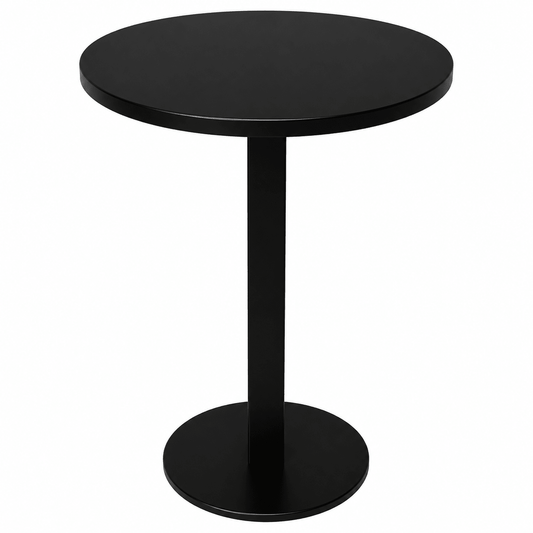 A minimalist black round bar table with a single central pedestal base and a circular footrest, shown against a plain white background.