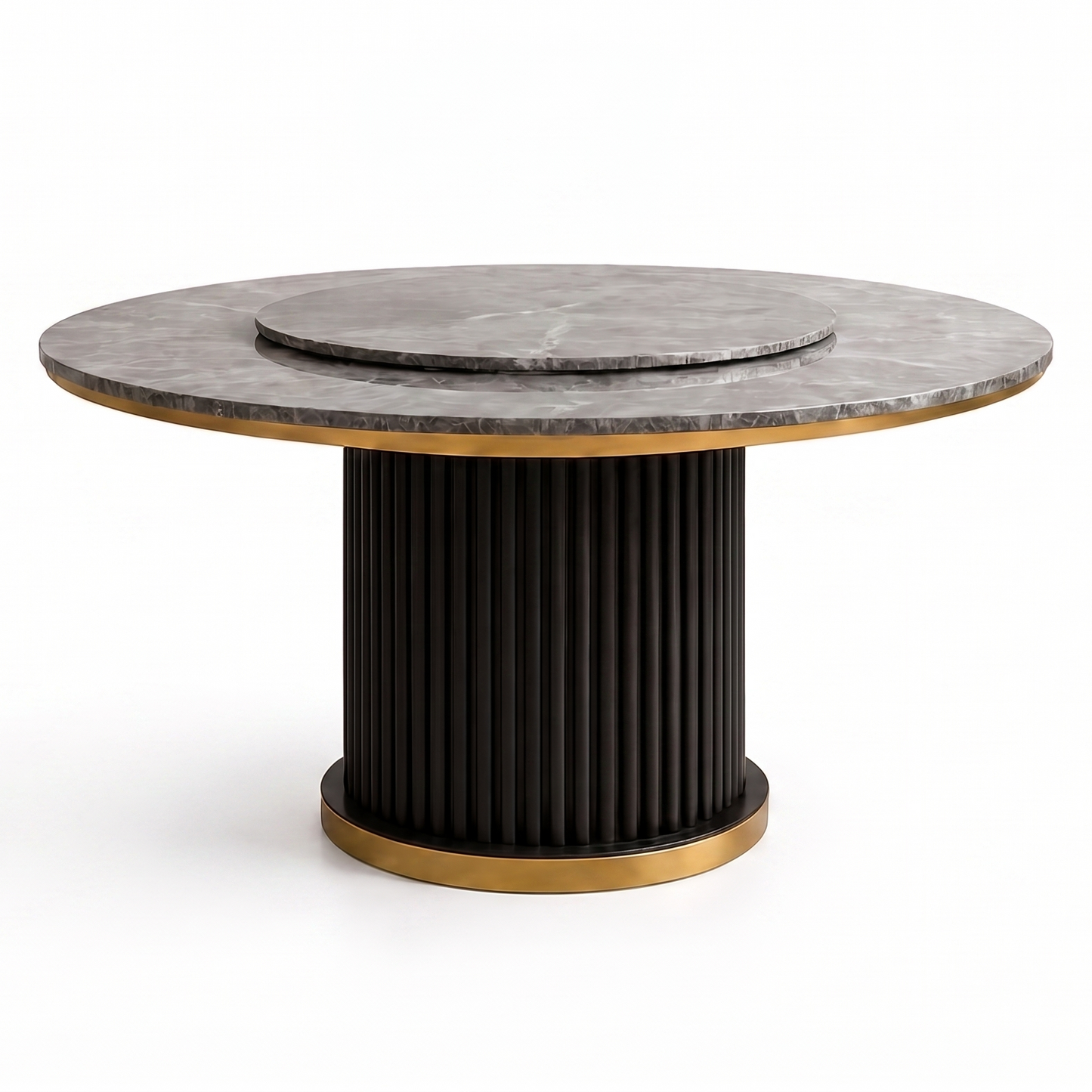 A modern round accent table featuring a dark gray marble top with a matching inset plate, a fluted black pedestal base, and polished gold-toned metal trim.