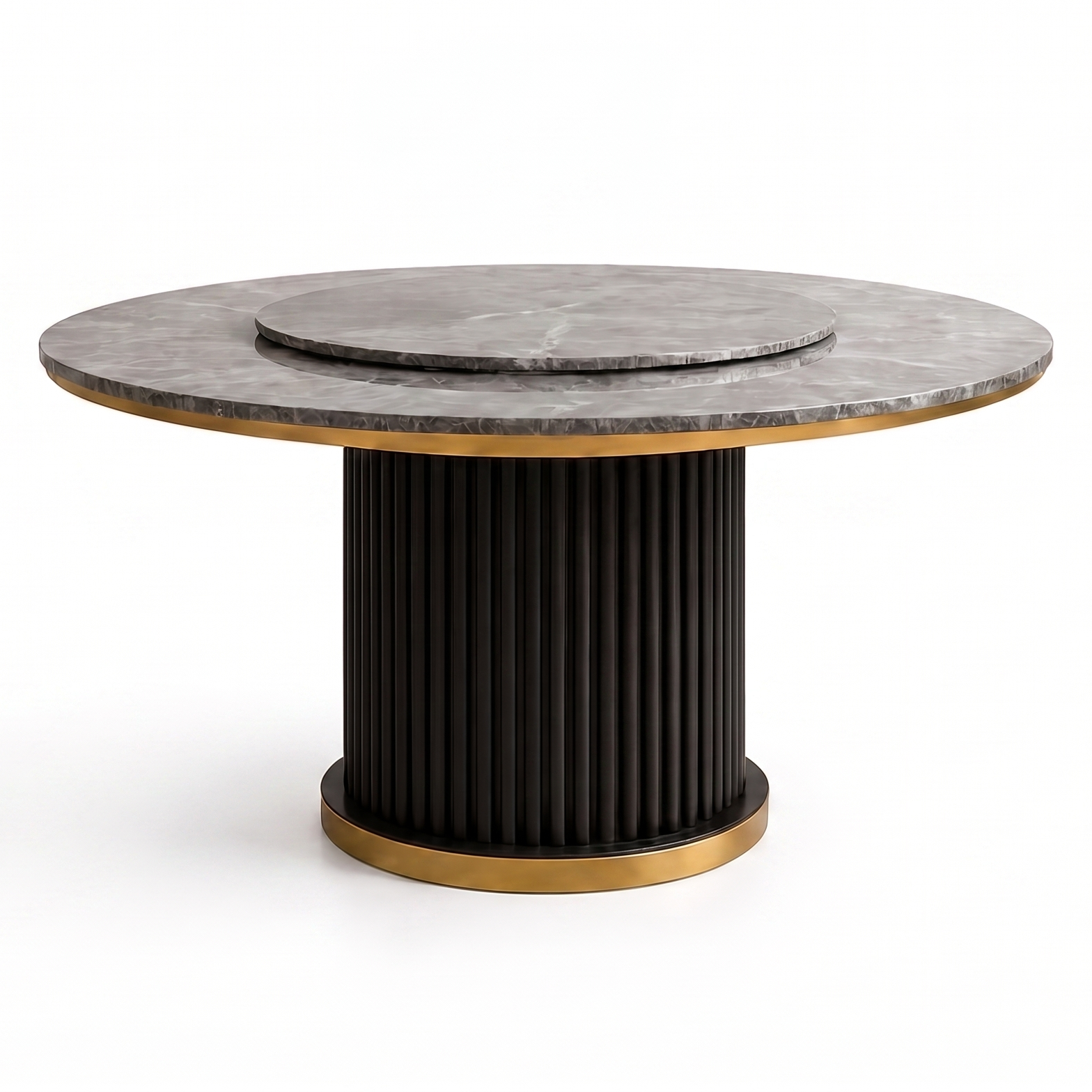A modern round accent table featuring a dark gray marble top with a matching inset plate, a fluted black pedestal base, and polished gold-toned metal trim.