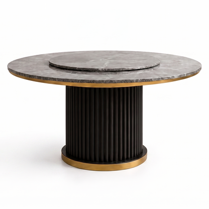 A modern round accent table featuring a dark gray marble top with a matching inset plate, a fluted black pedestal base, and polished gold-toned metal trim.