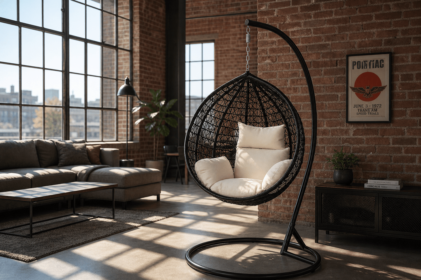 Hanging chair in a modern living room with large windows and brick . That Couch Place