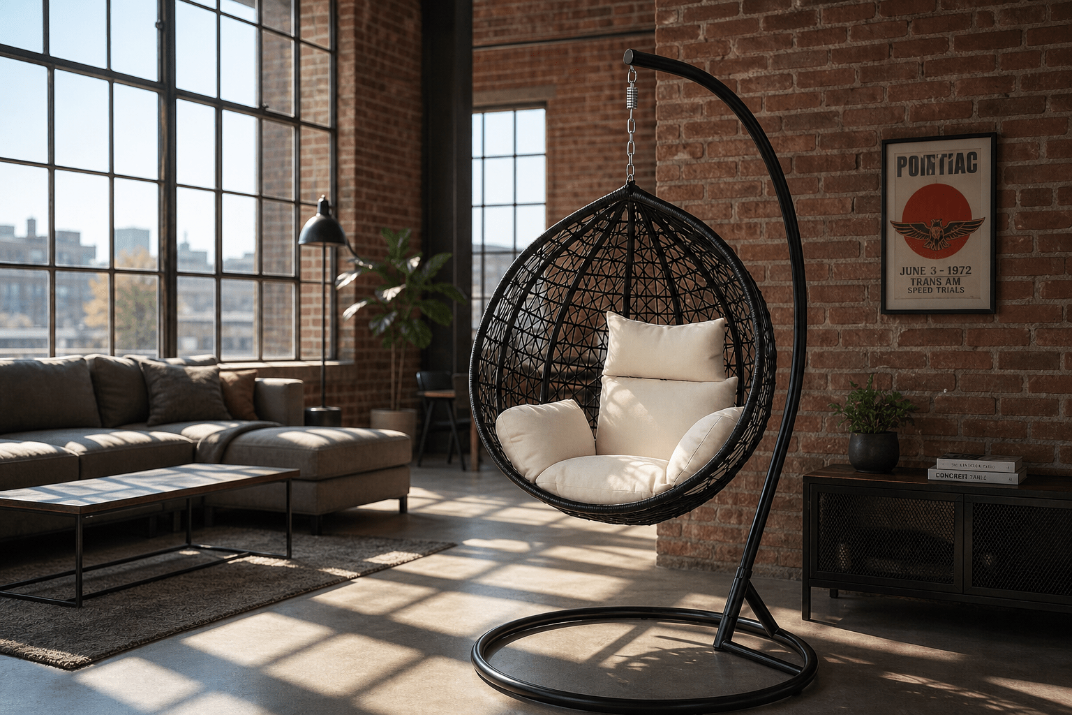 Hanging chair in a modern living room with large windows and brick . That Couch Place