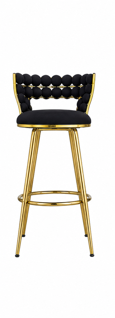 A modern bar stool with a black tufted velvet seat and backrest, accented by gold metal trim and a polished gold-finished metal frame with four legs.