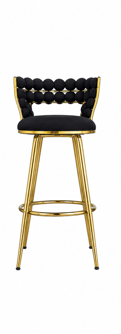 A modern bar stool with a black tufted velvet seat and backrest, accented by gold metal trim and a polished gold-finished metal frame with four legs.