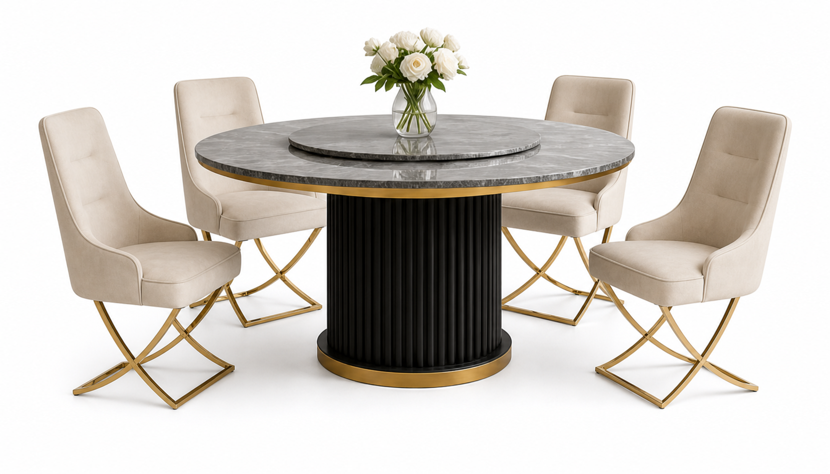 A round dining table set with a gray marble top, black fluted pedestal base, and gold trim, surrounded by four beige upholstered chairs with gold metal legs, on a white background.