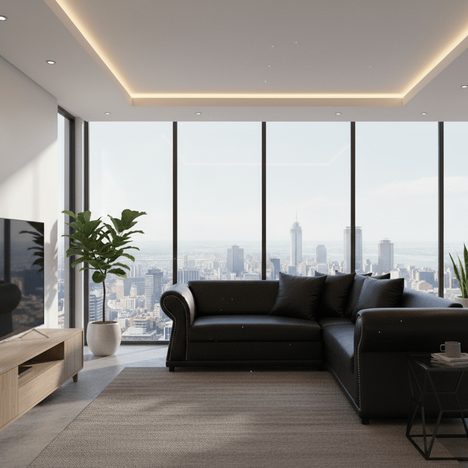 Modern living room with a black sofa, coffee table, and cityscape view. That Couch Place