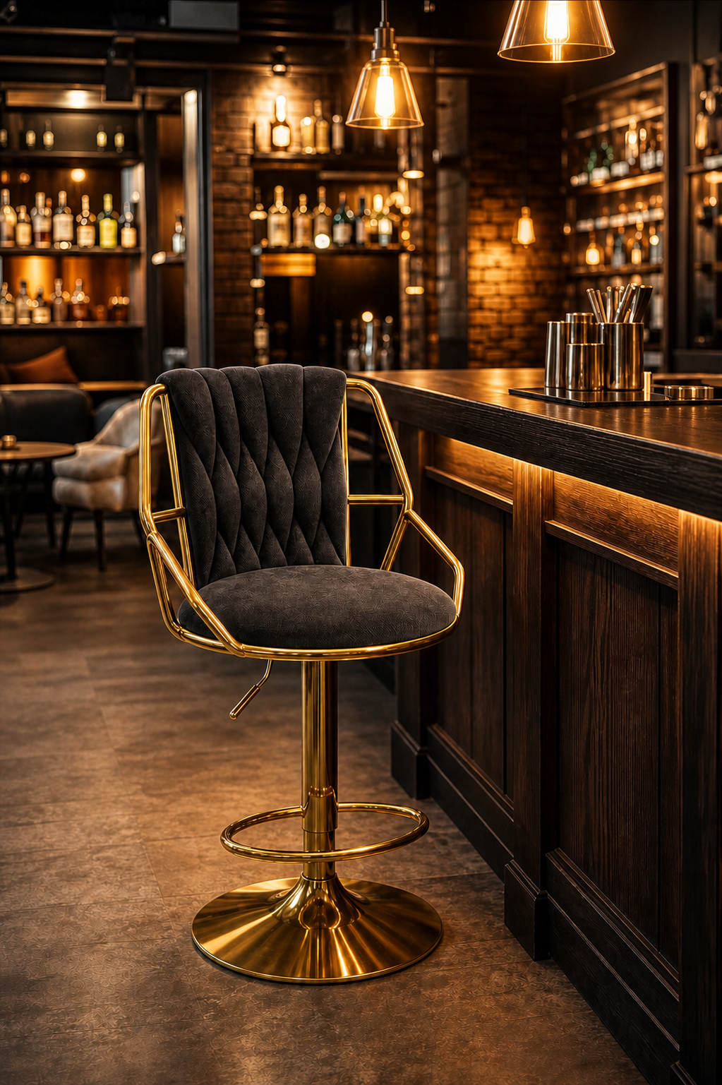 A luxury bar stool with a dark gray tufted velvet seat and backrest, supported by a polished gold-finished metal frame and swivel base, set in a warm, dimly lit bar environment.