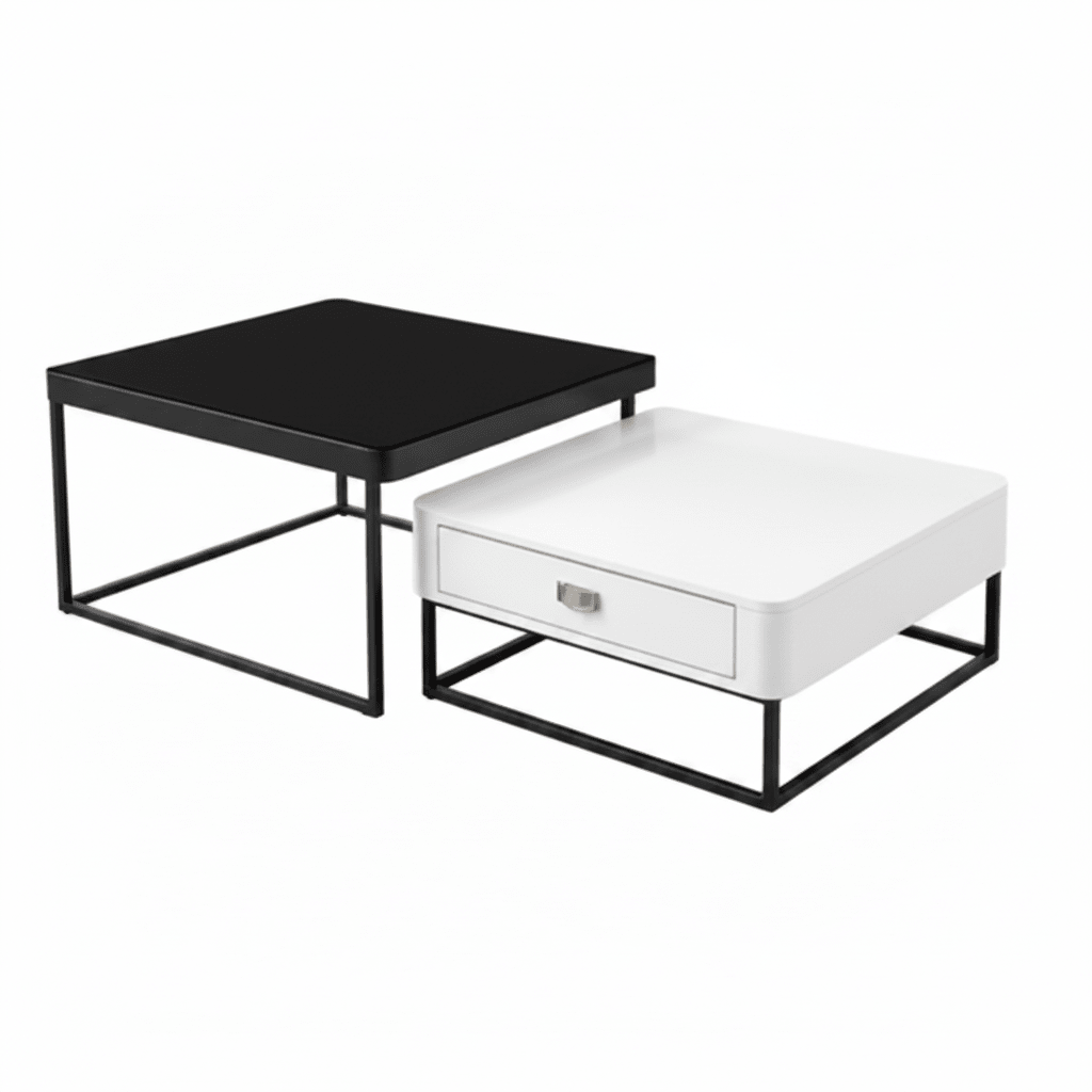 Two modern nesting side tables with black metal frames, one with a black top and the other with a white top and a single drawer, shown on a white background.