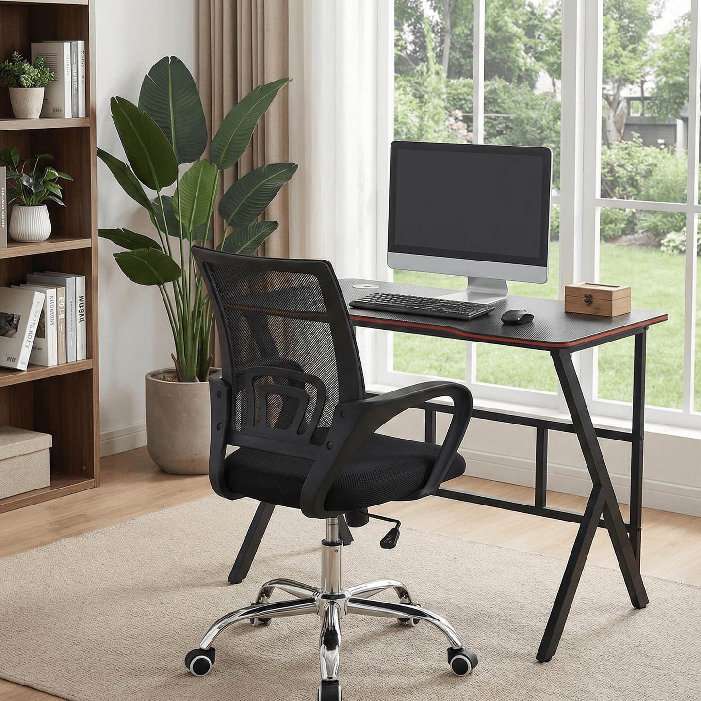 Home office setup with a desk, chair, and computer in a bright room with large windows. That Couch Place