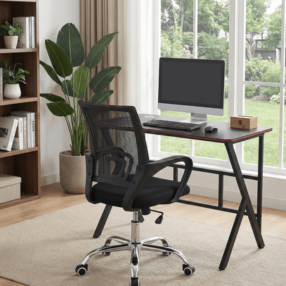 Home office setup with a desk, chair, and computer in a bright room with large windows. That Couch Place