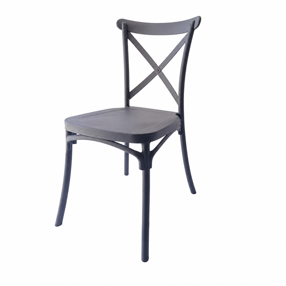 A black plastic dining chair with a curved backrest, crossed X-back design, and a square seat, shown against a plain white background.
