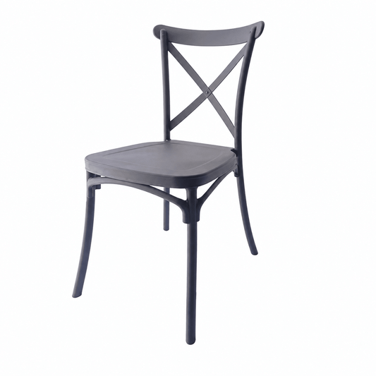 A black plastic dining chair with a curved backrest, crossed X-back design, and a square seat, shown against a plain white background.