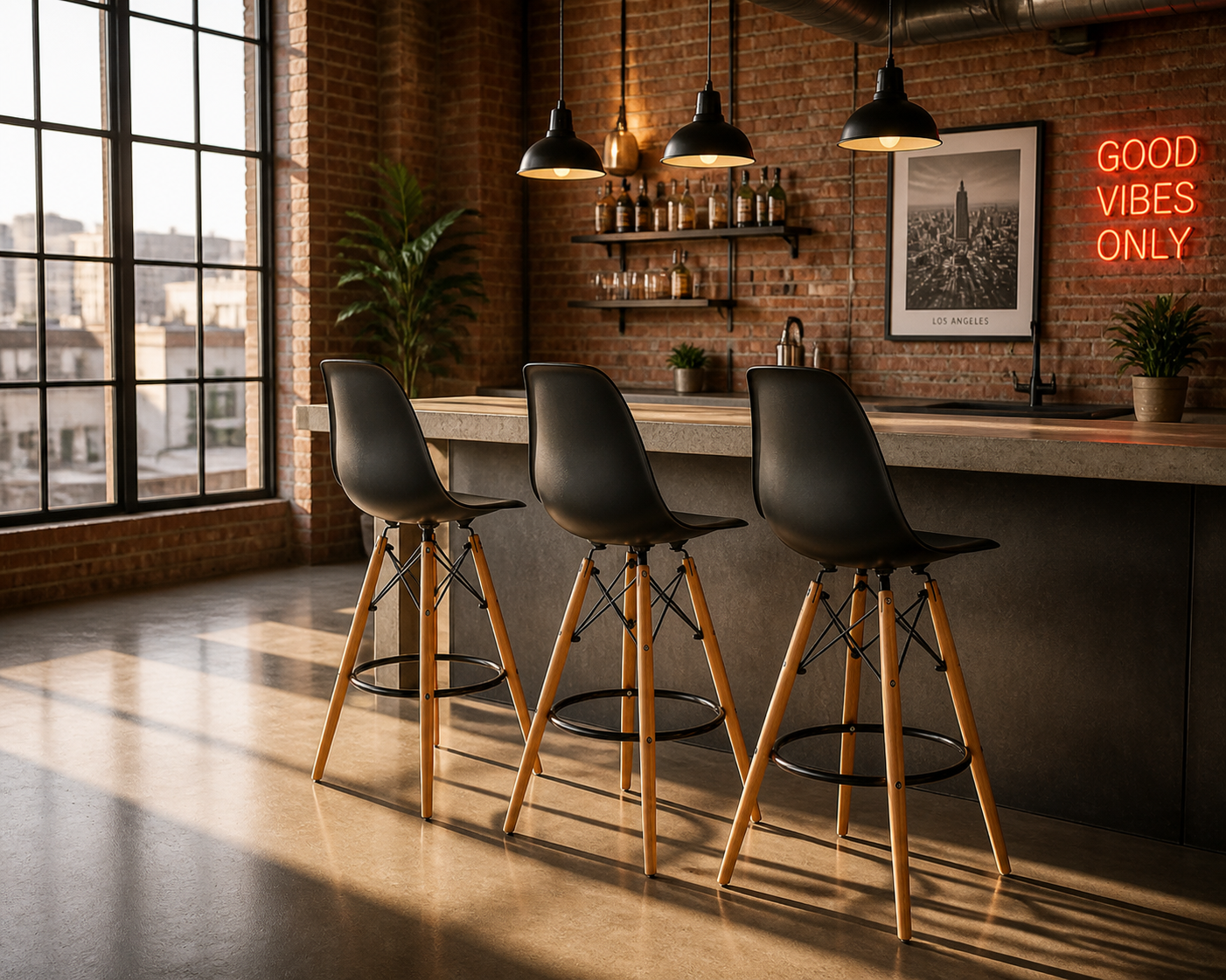Three modern bar stools with black molded seats and light wood legs arranged in a row at a concrete-topped bar in a loft-style room with exposed brick walls, pendant lights, and a neon sign reading 'GOOD VIBES ONLY'.