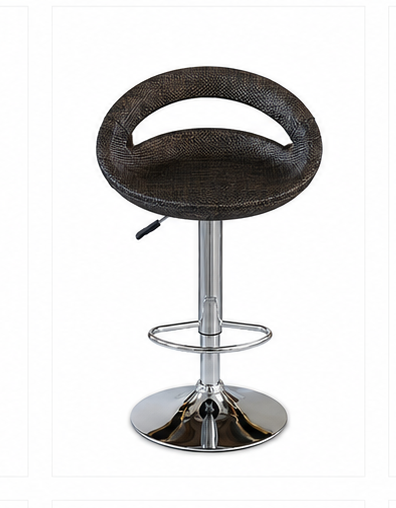 A modern swivel bar stool with a textured dark brown woven seat, a chrome adjustable pedestal base, and a footrest ring, shown against a white background.