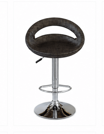 A modern swivel bar stool with a textured dark brown woven seat, a chrome adjustable pedestal base, and a footrest ring, shown against a white background.