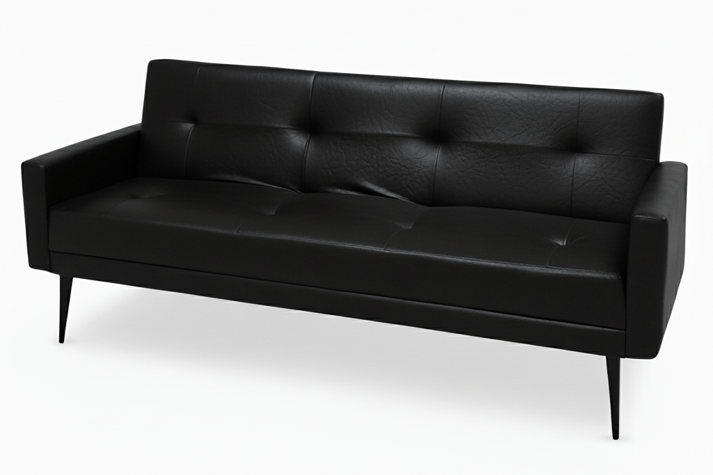 Black leather sleeper couch on a white  background That Couch Place