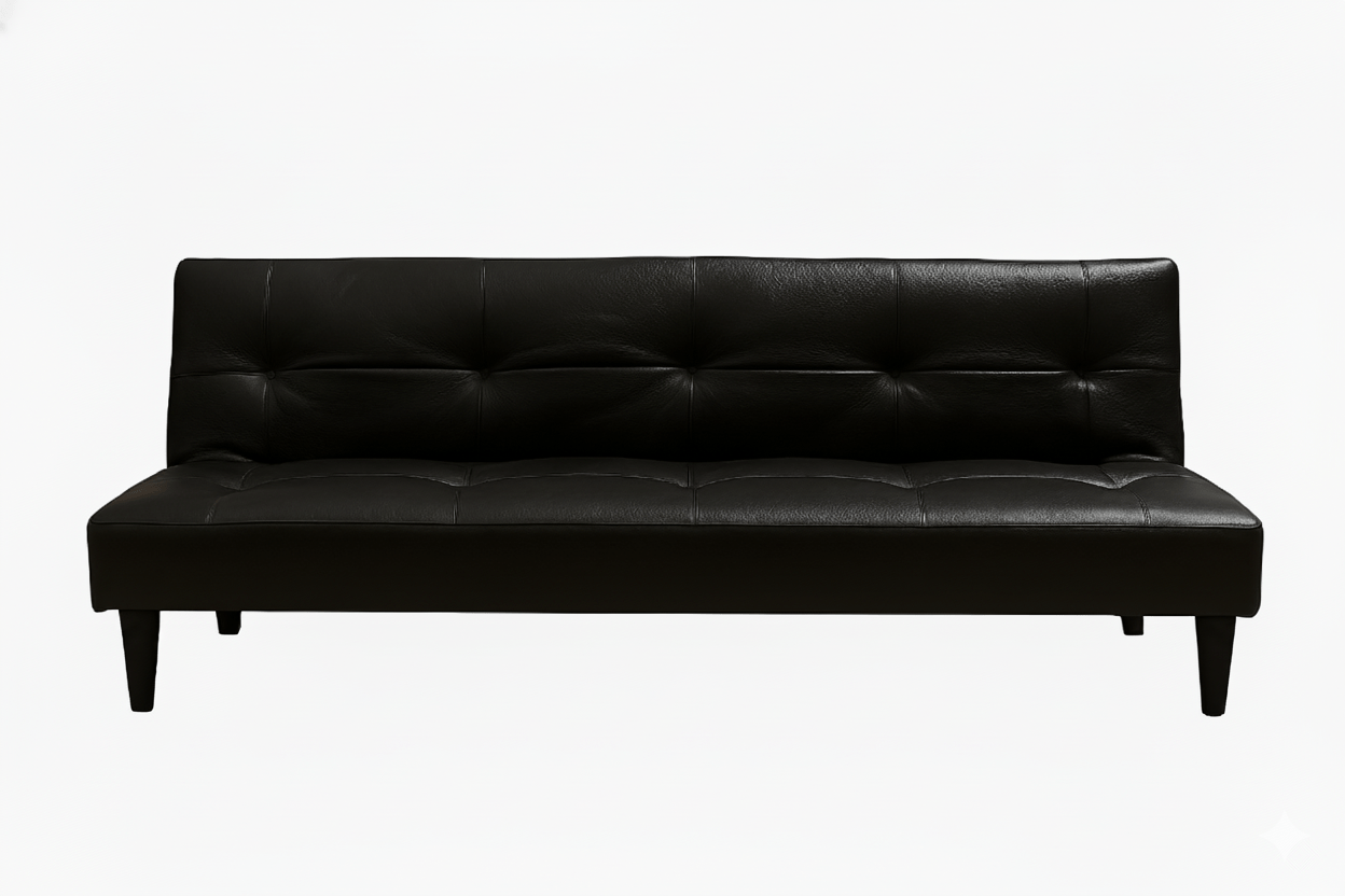 Black leather sleeper sofa on a white background That Couch Place